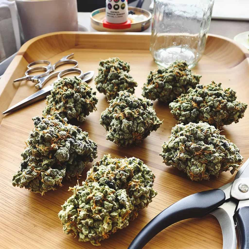 Pink Mango 48% indica / 52% sativa — fleur avec trichomes visibles