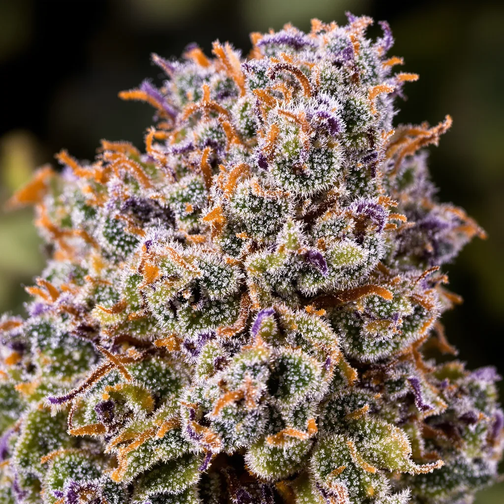 Gros plan de fleur de cannabis Pink Mango montrant structure équilibrée avec trichomes givrés