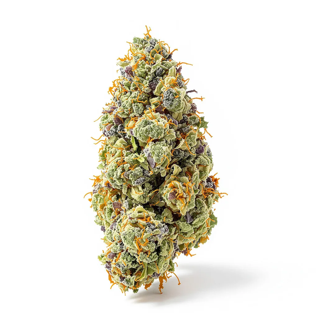 Pink Mango 48% indica / 52% sativa — fleur avec trichomes visibles