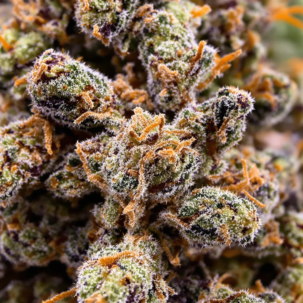 Gros plan de fleur de cannabis Pink Panther montrant calices denses aux reflets violets