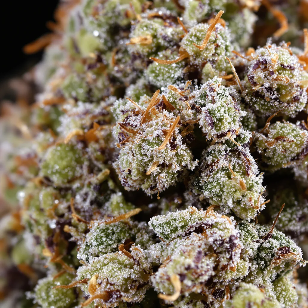 Gros plan de fleur de cannabis Pink Runtz montrant structure équilibrée avec trichomes givrés