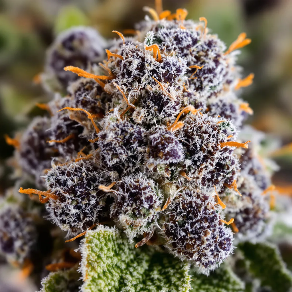 Gros plan de fleur de cannabis Pitbull Pit montrant calices denses aux reflets violets