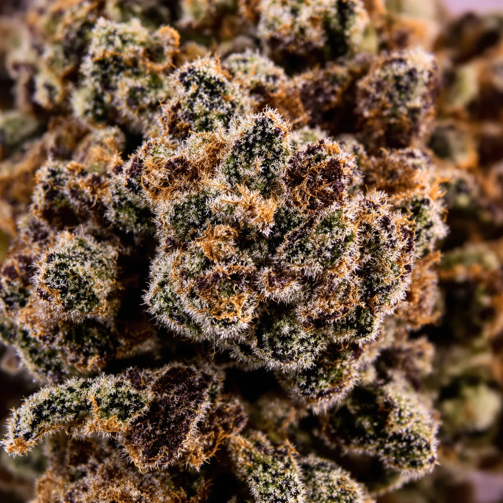 Gros plan de fleur de cannabis Platinum Bubba montrant calices denses aux reflets violets