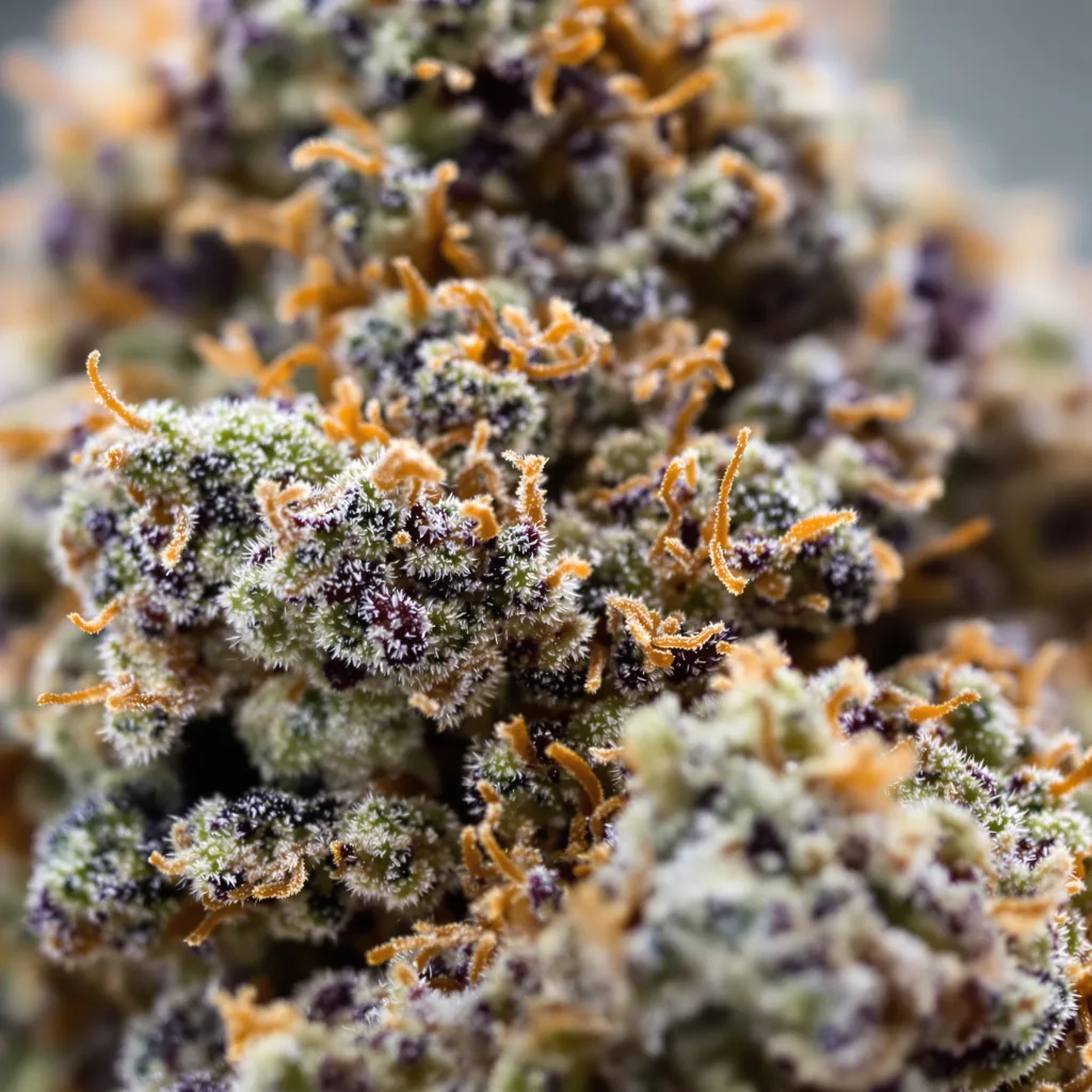 Gros plan de fleur de cannabis Platinum Bubba Kush montrant calices denses aux reflets violets