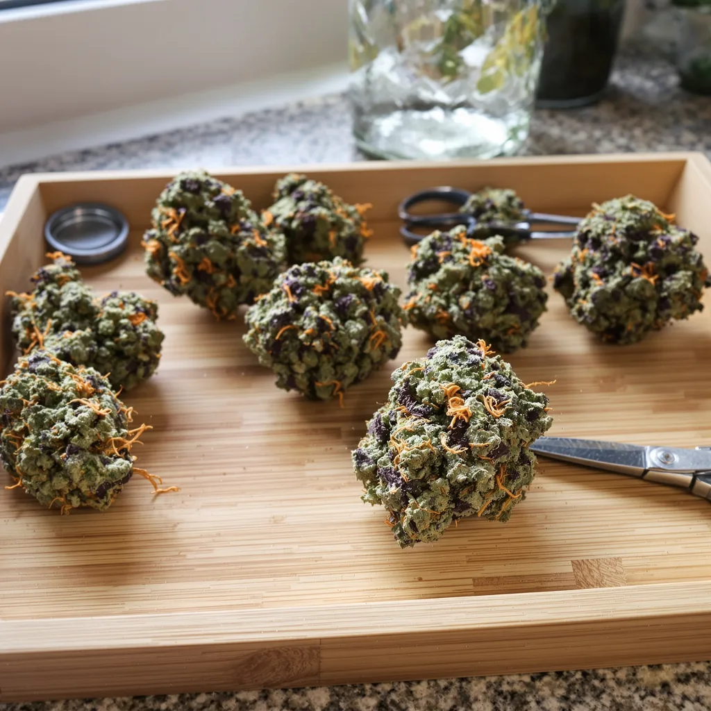 Platinum Bubba Kush 70% indica / 20% sativa — fleur avec trichomes visibles