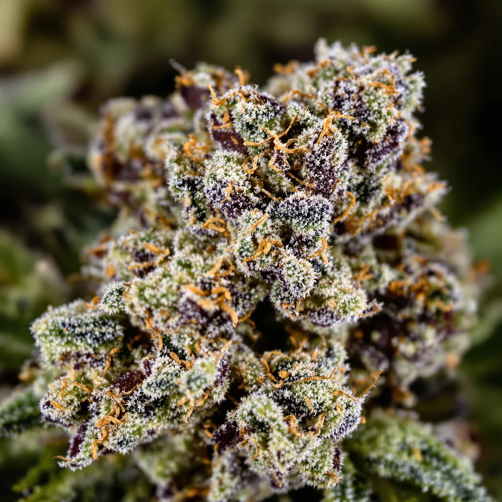Gros plan de fleur de cannabis Platinum Bubba Kush montrant calices denses aux reflets violets