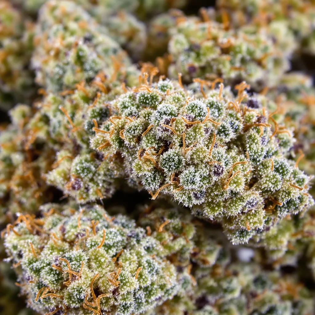 Gros plan de fleur de cannabis Platinum GSC montrant nugs denses vert forêt
