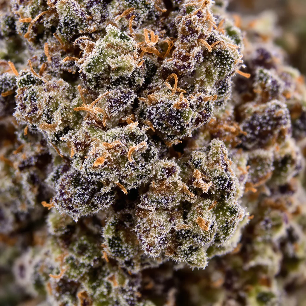 Gros plan de fleur de cannabis Platinum Kush montrant calices denses aux reflets violets