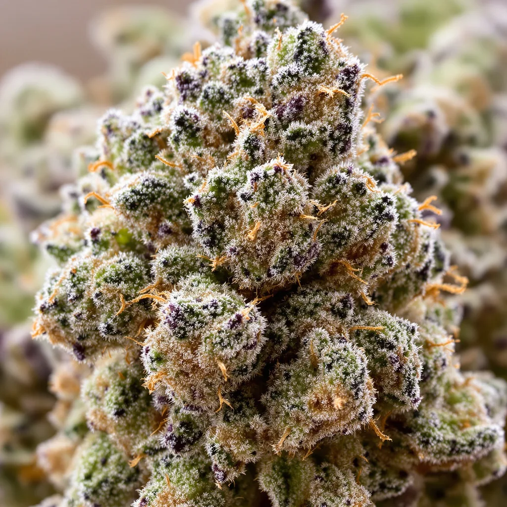 Gros plan de fleur de cannabis Platinum OG montrant nugs denses vert forêt