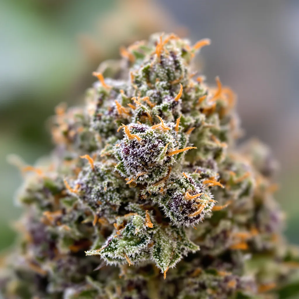 Gros plan de fleur de cannabis Platinum Purple Kush montrant calices denses aux reflets violets