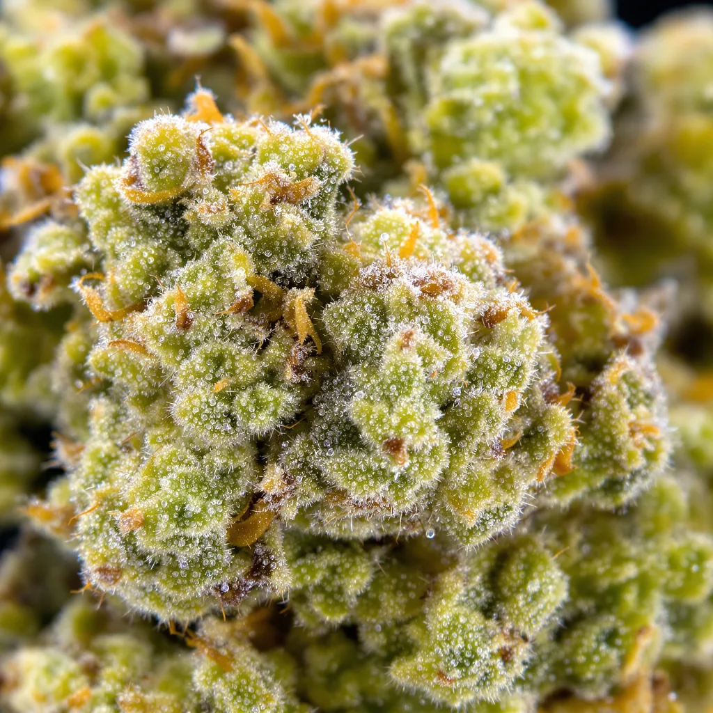 Gros plan de fleur de cannabis Platinum Wreck montrant structure aérée vert lime