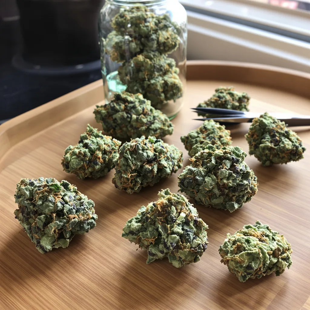 Plushberry 36% indica / 64% sativa — fleur avec trichomes visibles