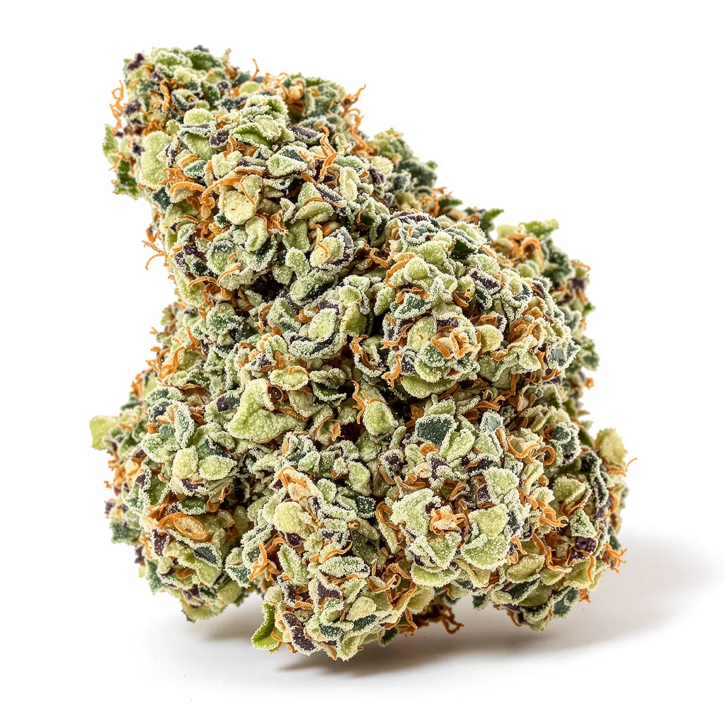 Plushberry 36% indica / 64% sativa — fleur avec trichomes visibles