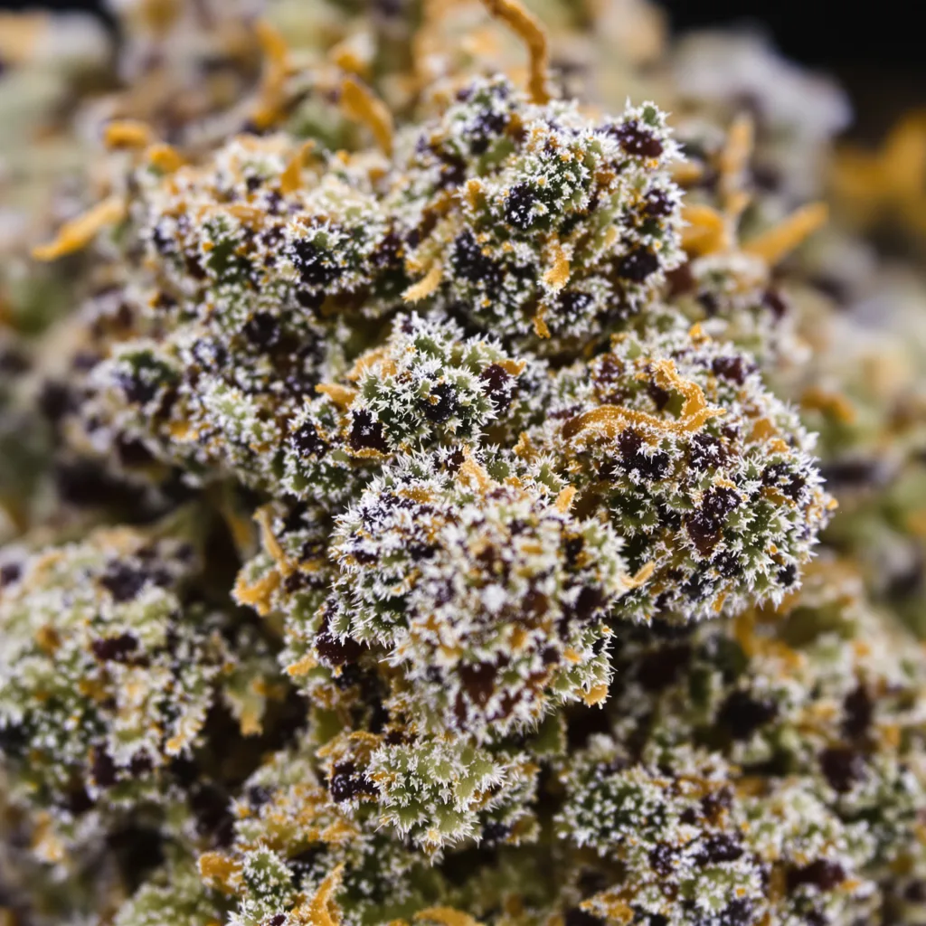 Gros plan de fleur de cannabis Pluto Kush montrant calices denses aux reflets violets