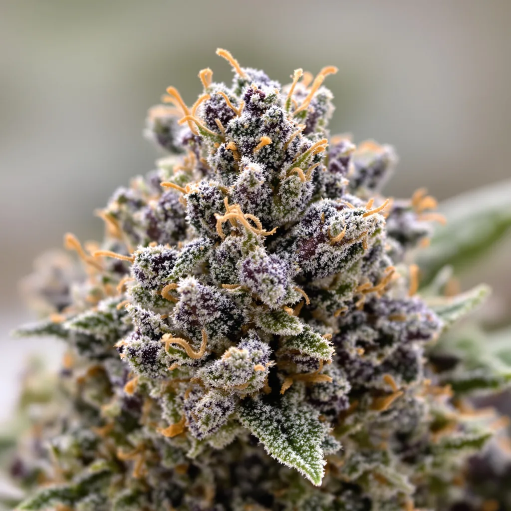 Gros plan de fleur de cannabis Pluto Kush montrant calices denses aux reflets violets
