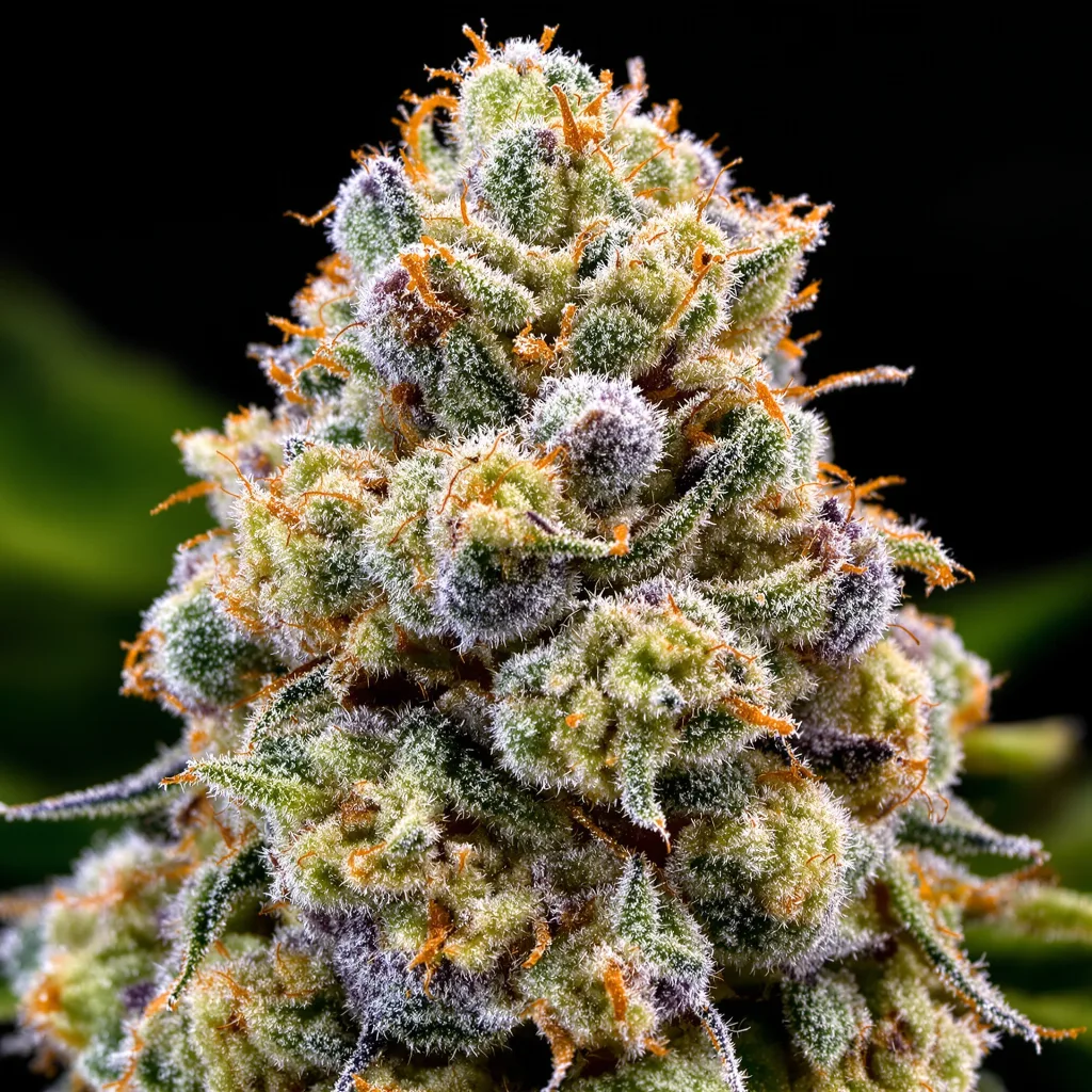 Gros plan de fleur de cannabis Pop Rox montrant structure équilibrée avec trichomes givrés