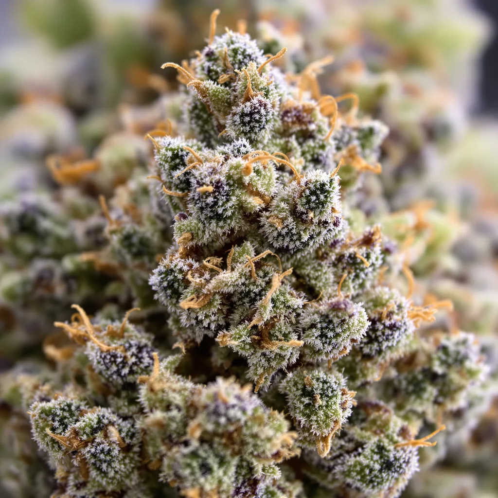 Gros plan de fleur de cannabis Pop Rox montrant structure équilibrée avec trichomes givrés