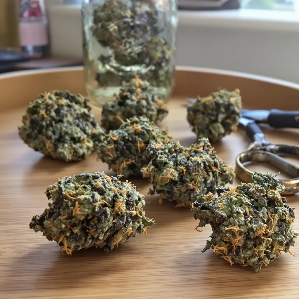 Popcorn Kush 67% indica / 33% sativa — fleur avec trichomes visibles