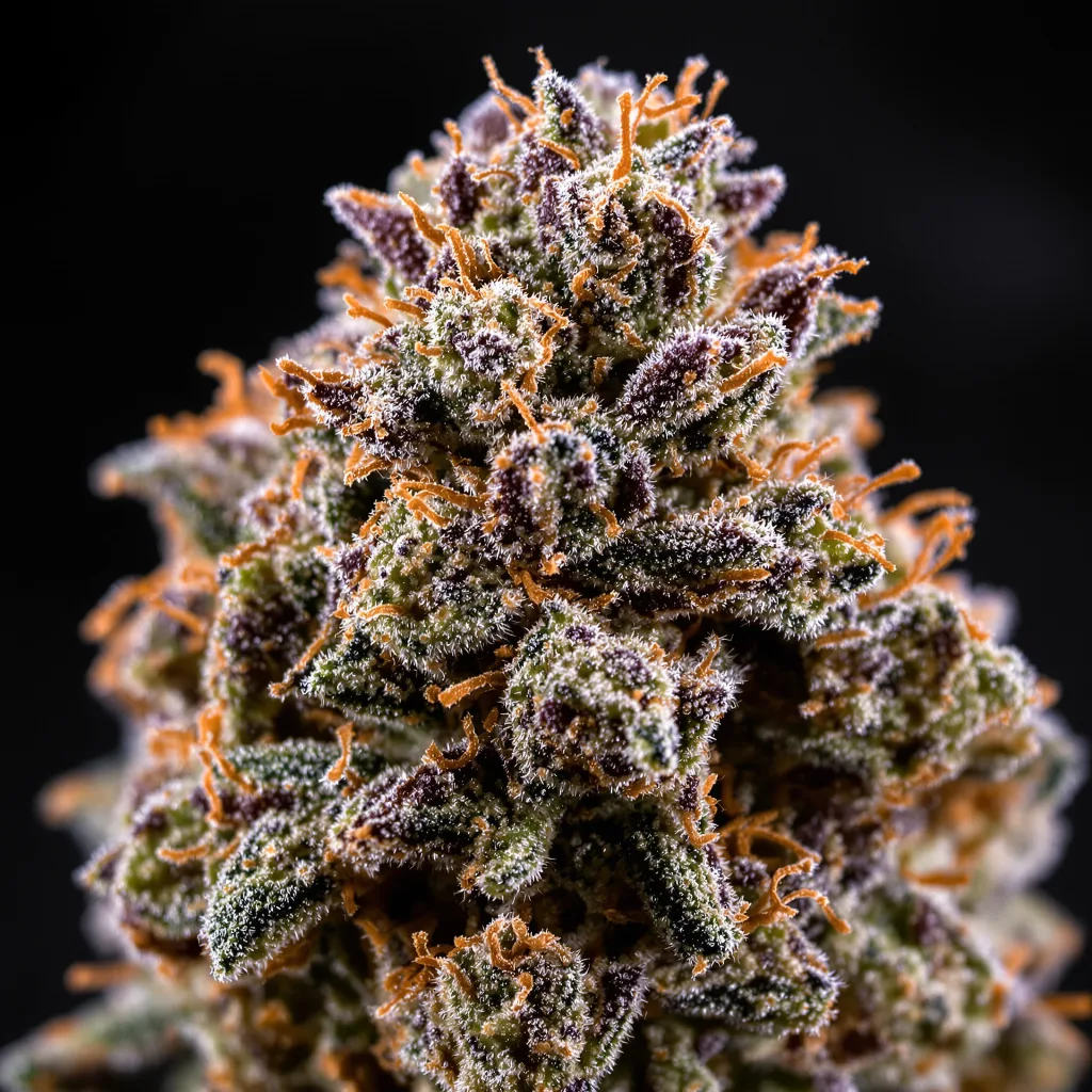 Gros plan de fleur de cannabis Popcorn Kush montrant calices denses aux reflets violets