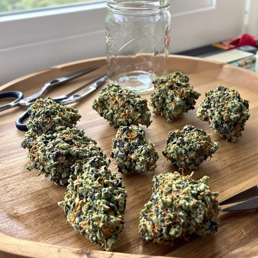 Pot of Gold 90% indica / 10% sativa — fleur avec trichomes visibles