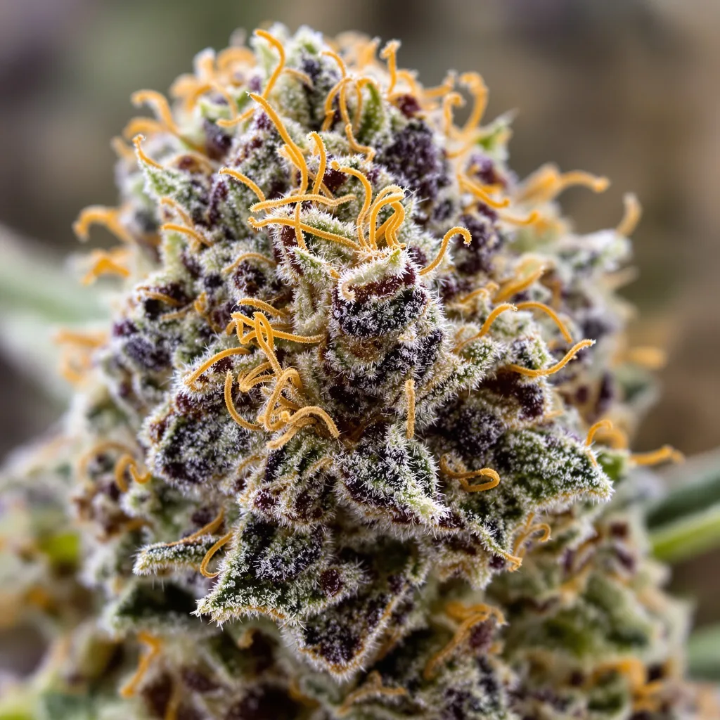 Gros plan de fleur de cannabis Pot of Gold montrant calices denses aux reflets violets