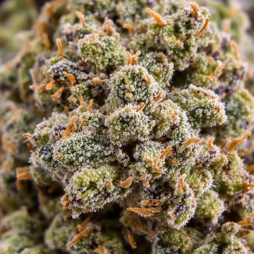 Gros plan de fleur de cannabis Power Kush montrant structure équilibrée avec trichomes givrés