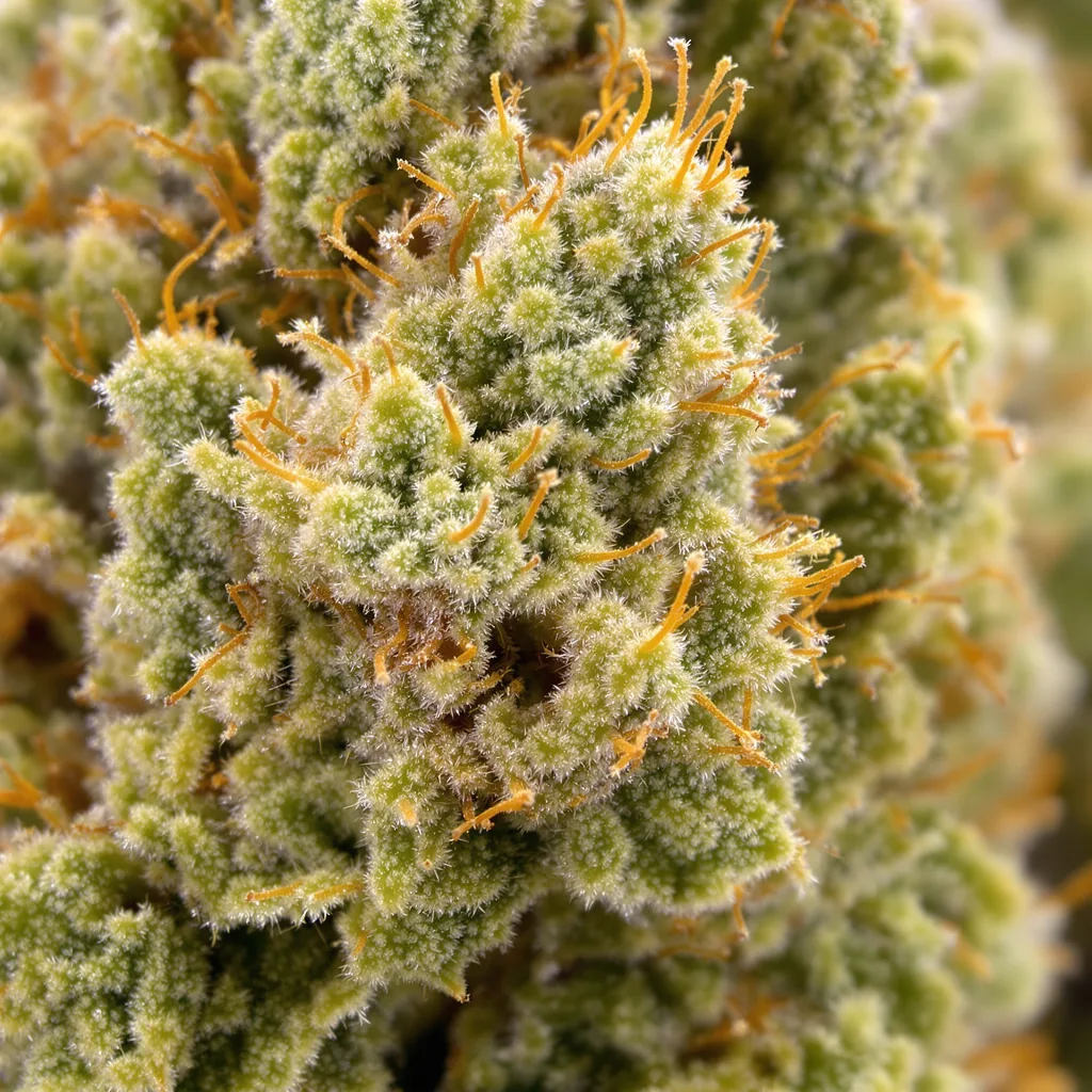Gros plan de fleur de cannabis Power Plant montrant structure aérée vert lime
