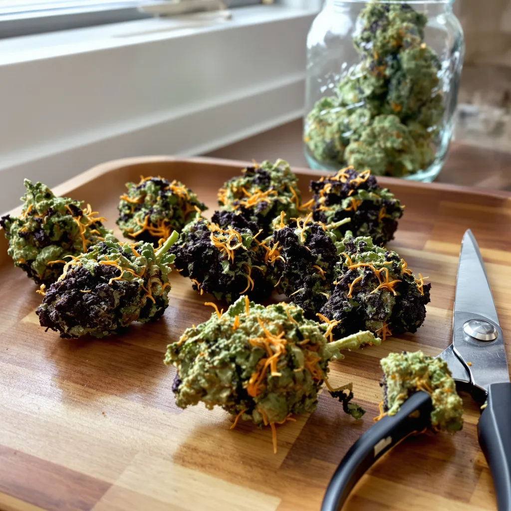 Pre-98 Bubba Kush 80% indica / 20% sativa — fleur avec trichomes visibles