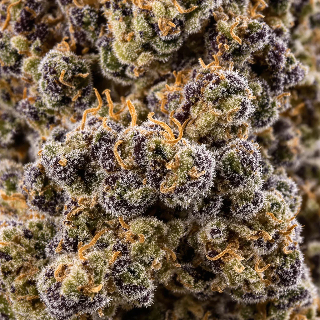 Gros plan de fleur de cannabis Pre-98 Bubba Kush montrant calices denses aux reflets violets