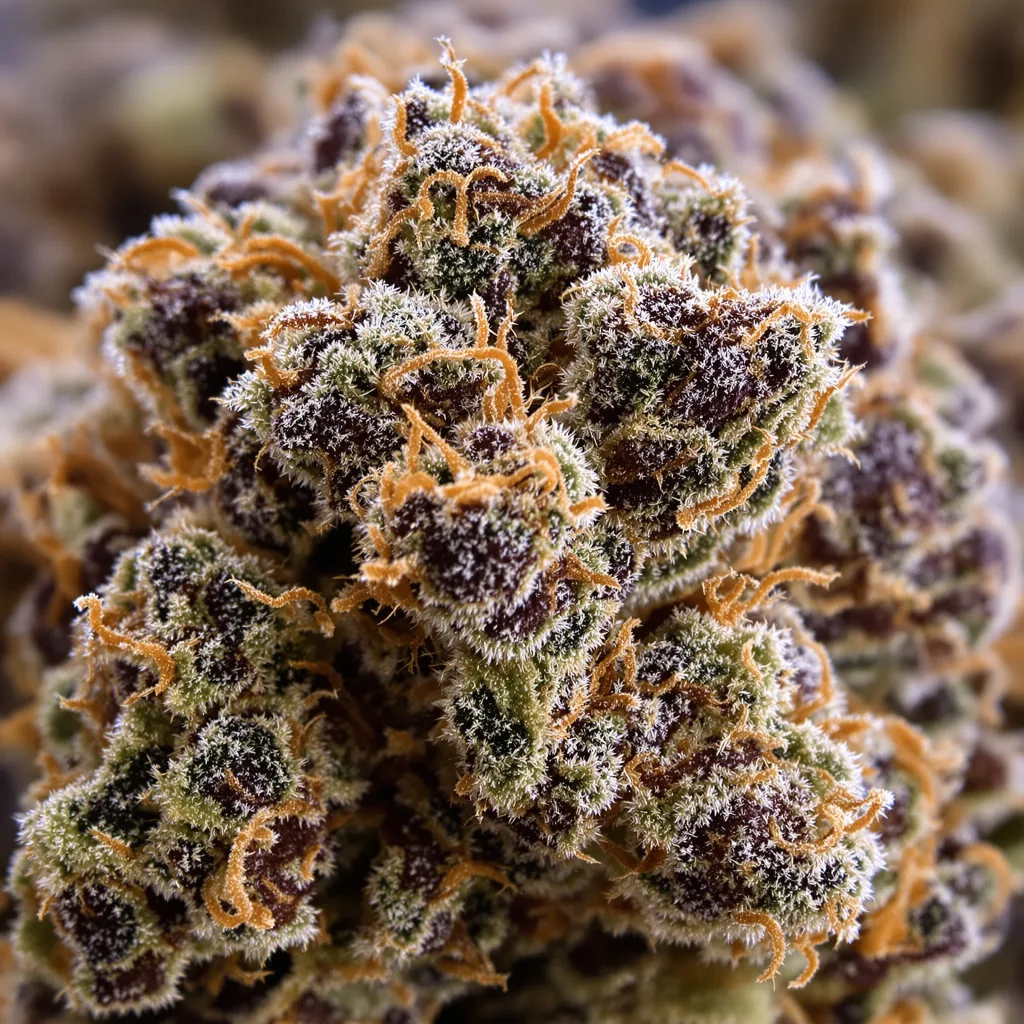 Gros plan de fleur de cannabis Primus montrant calices denses aux reflets violets
