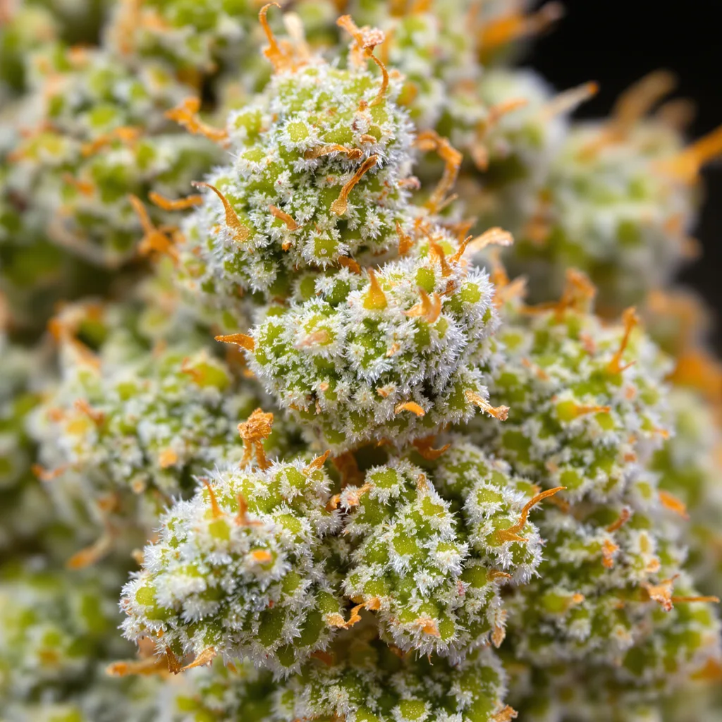 Gros plan de fleur de cannabis Project Blue Book montrant structure aérée vert lime