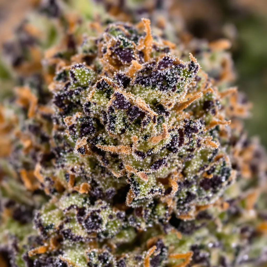 Gros plan de fleur de cannabis Puna Budder montrant calices denses aux reflets violets