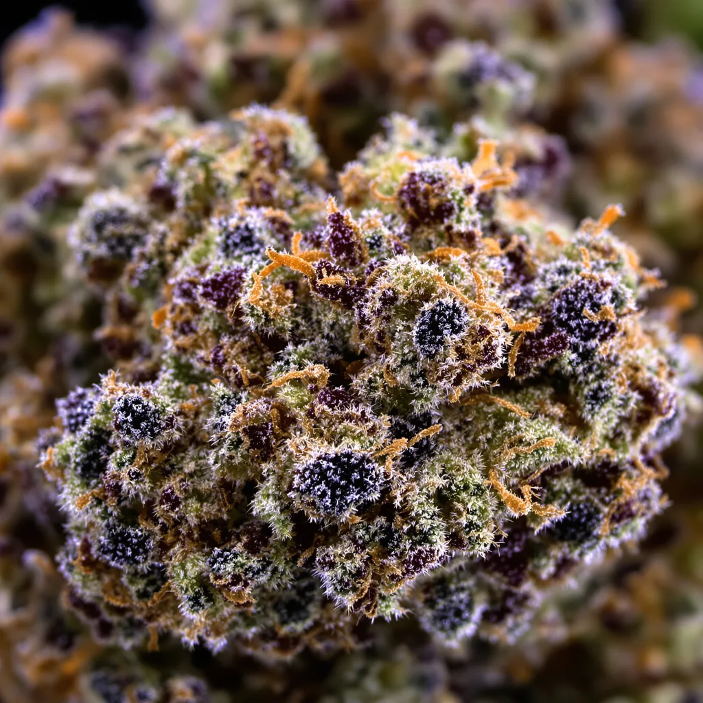 Gros plan de fleur de cannabis Puna Budder montrant calices denses aux reflets violets