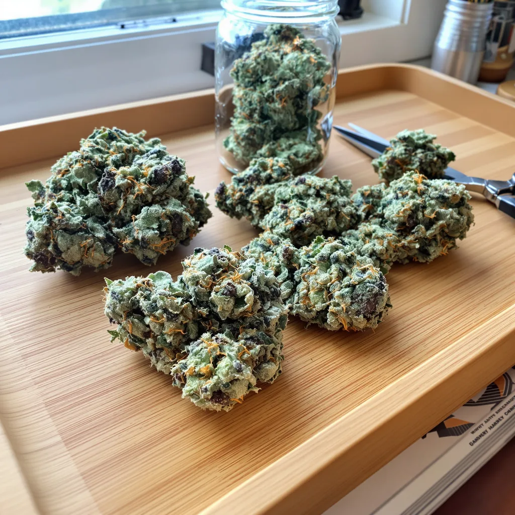 Punch Pie 46% indica / 54% sativa — fleur avec trichomes visibles