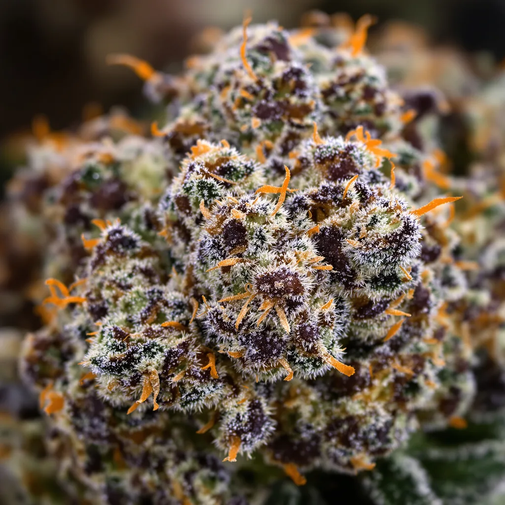 Gros plan de fleur de cannabis Punky Lion montrant calices denses aux reflets violets