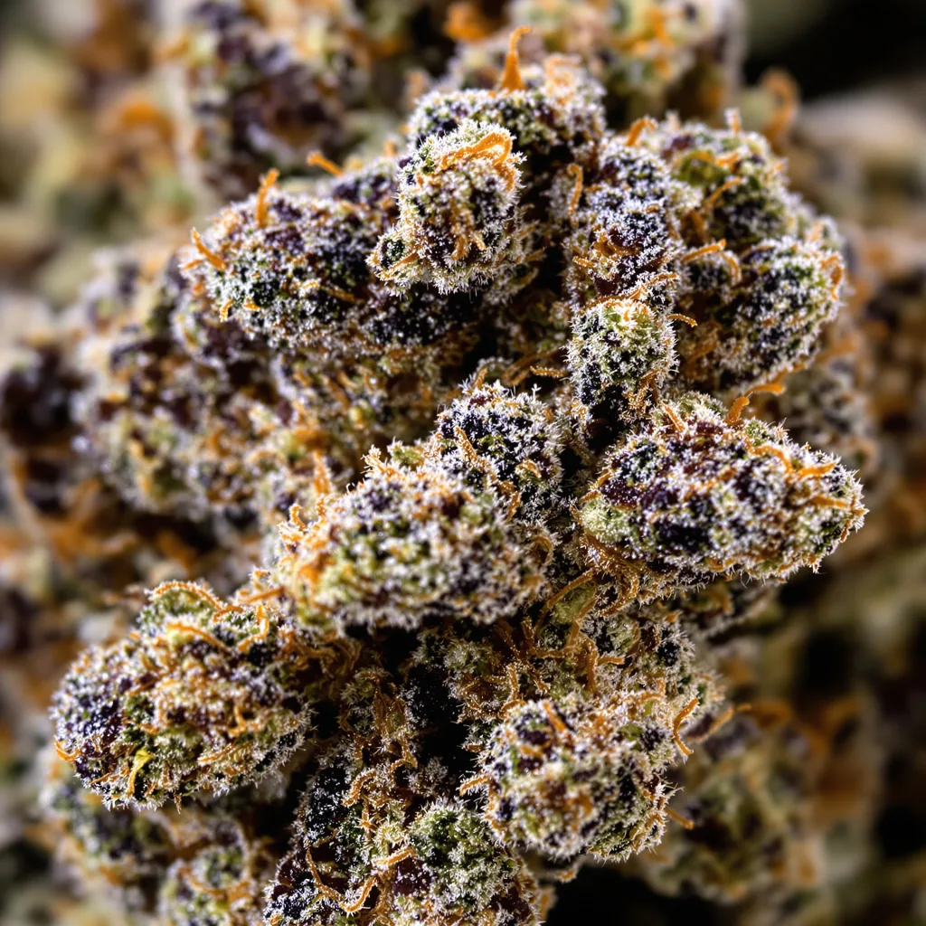 Gros plan de fleur de cannabis Pure Afghan montrant calices denses aux reflets violets