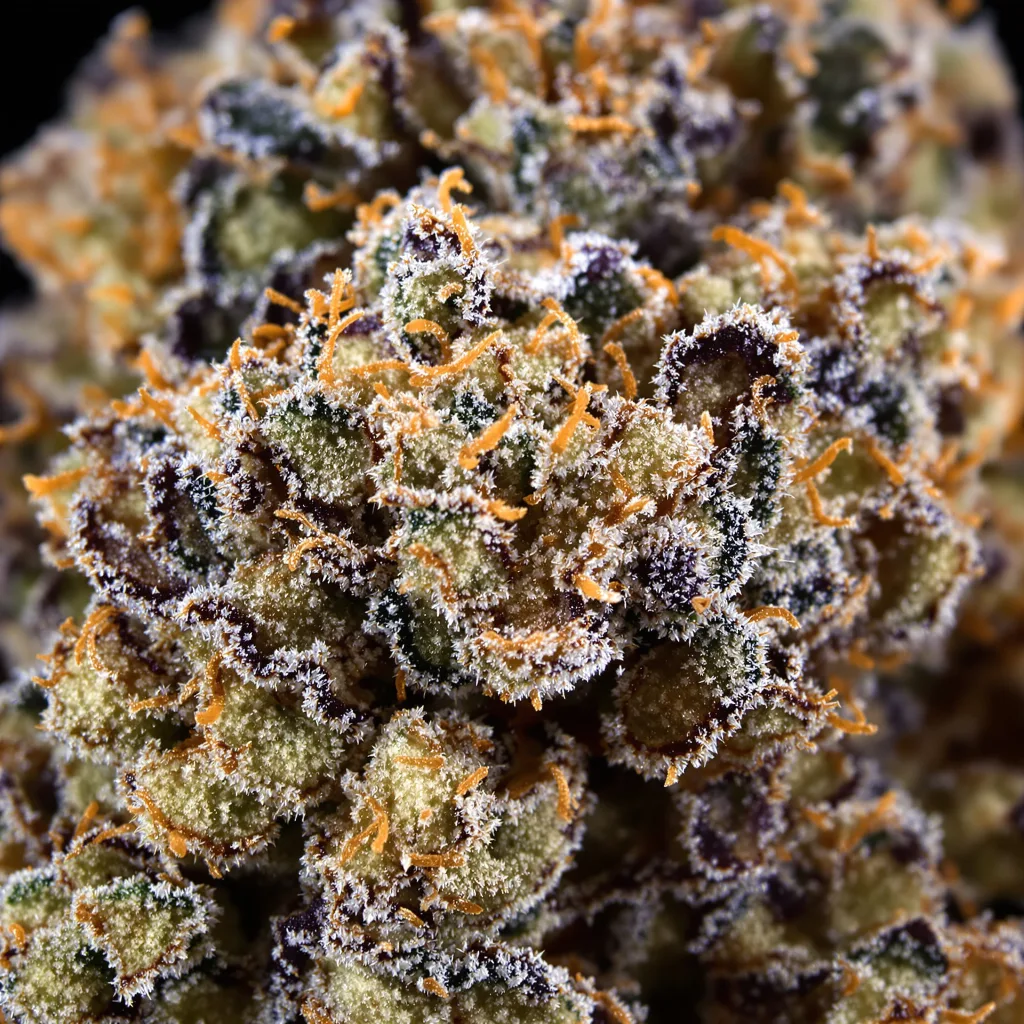 Gros plan de fleur de cannabis Pure Indica montrant calices denses aux reflets violets