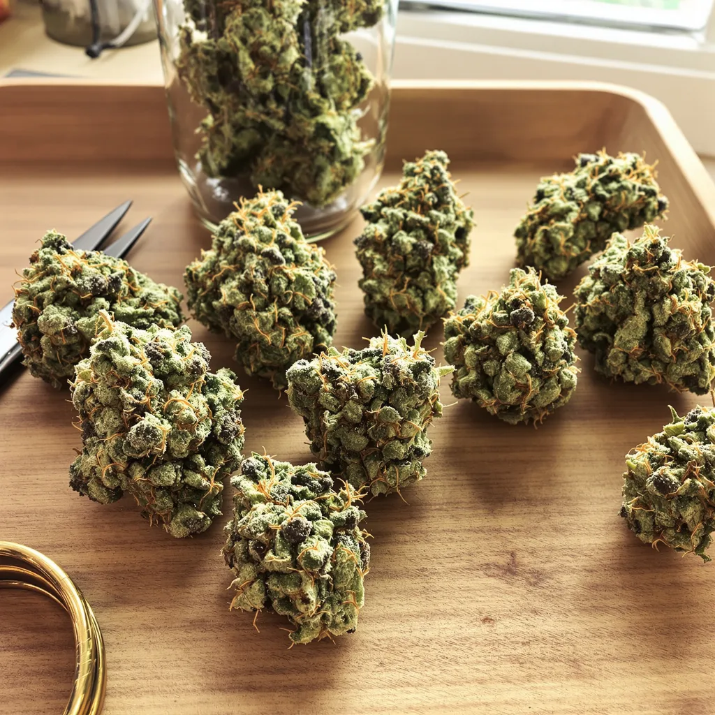 Pure Love 42% indica / 58% sativa — fleur avec trichomes visibles