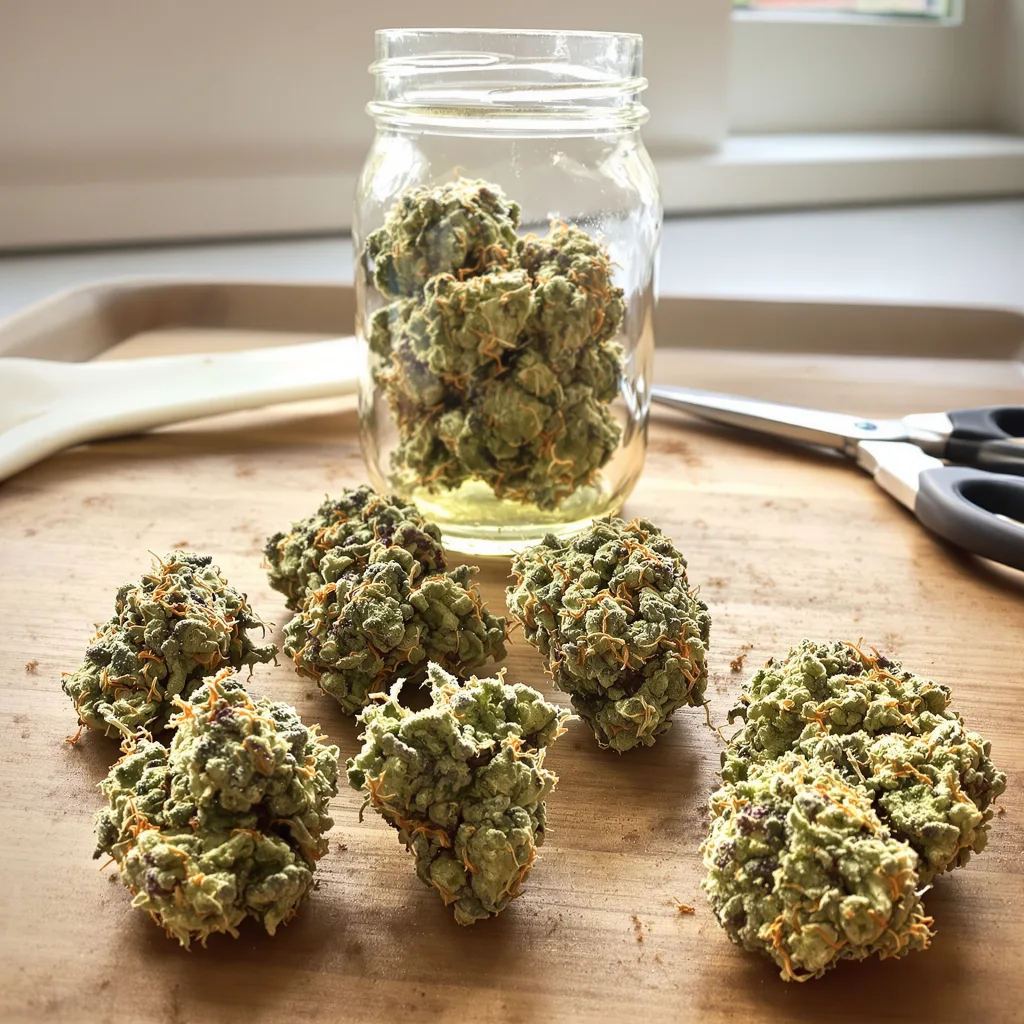Pure Love 42% indica / 58% sativa — fleur avec trichomes visibles