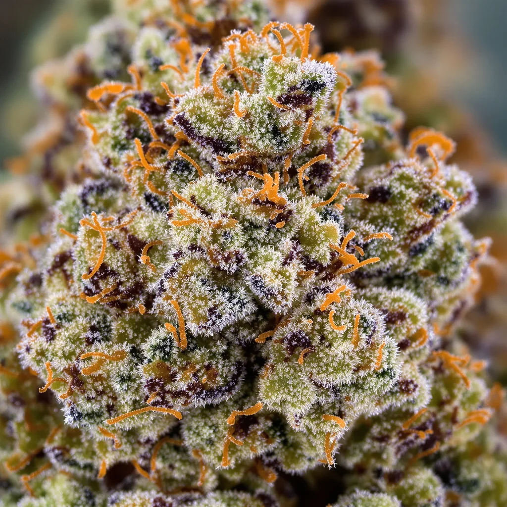 Gros plan de fleur de cannabis Pure Love montrant structure équilibrée avec trichomes givrés