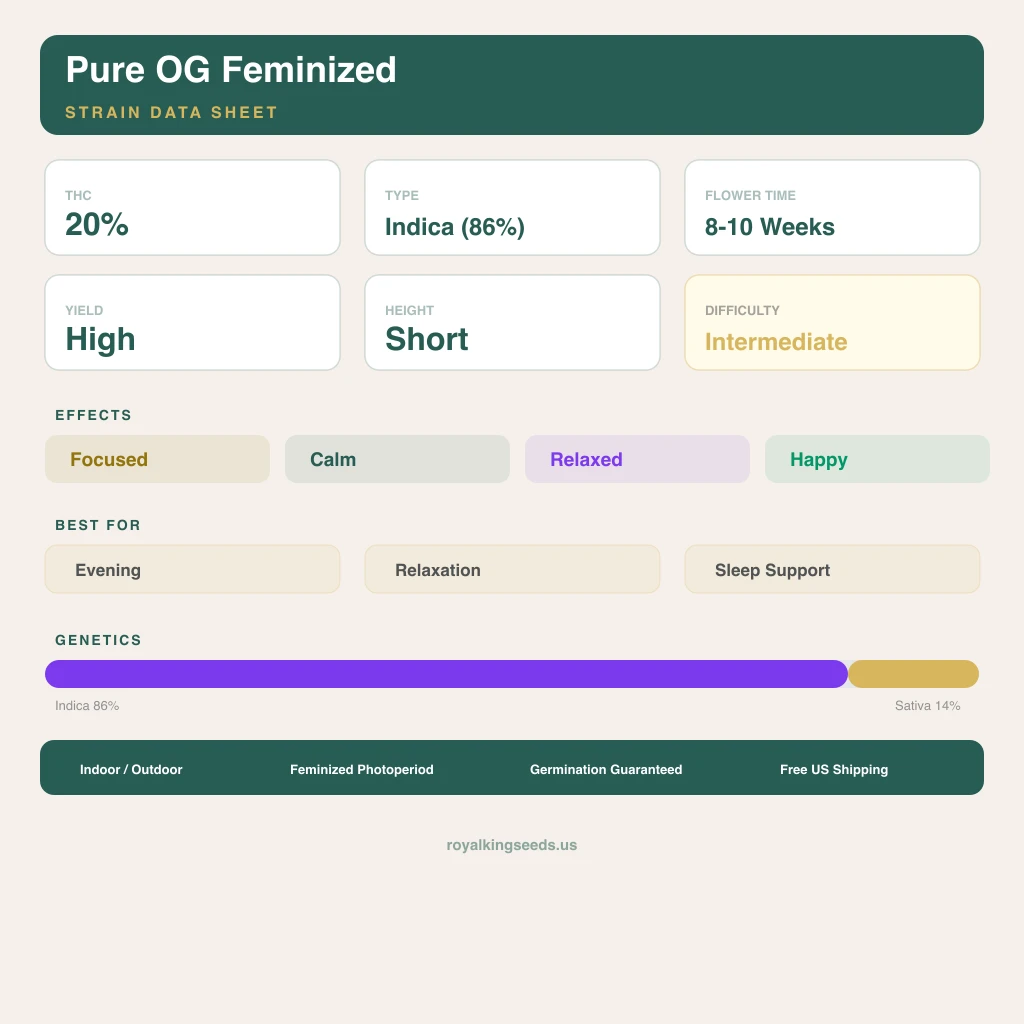 Pure OG 86% indica / 14% sativa — fleur avec trichomes visibles