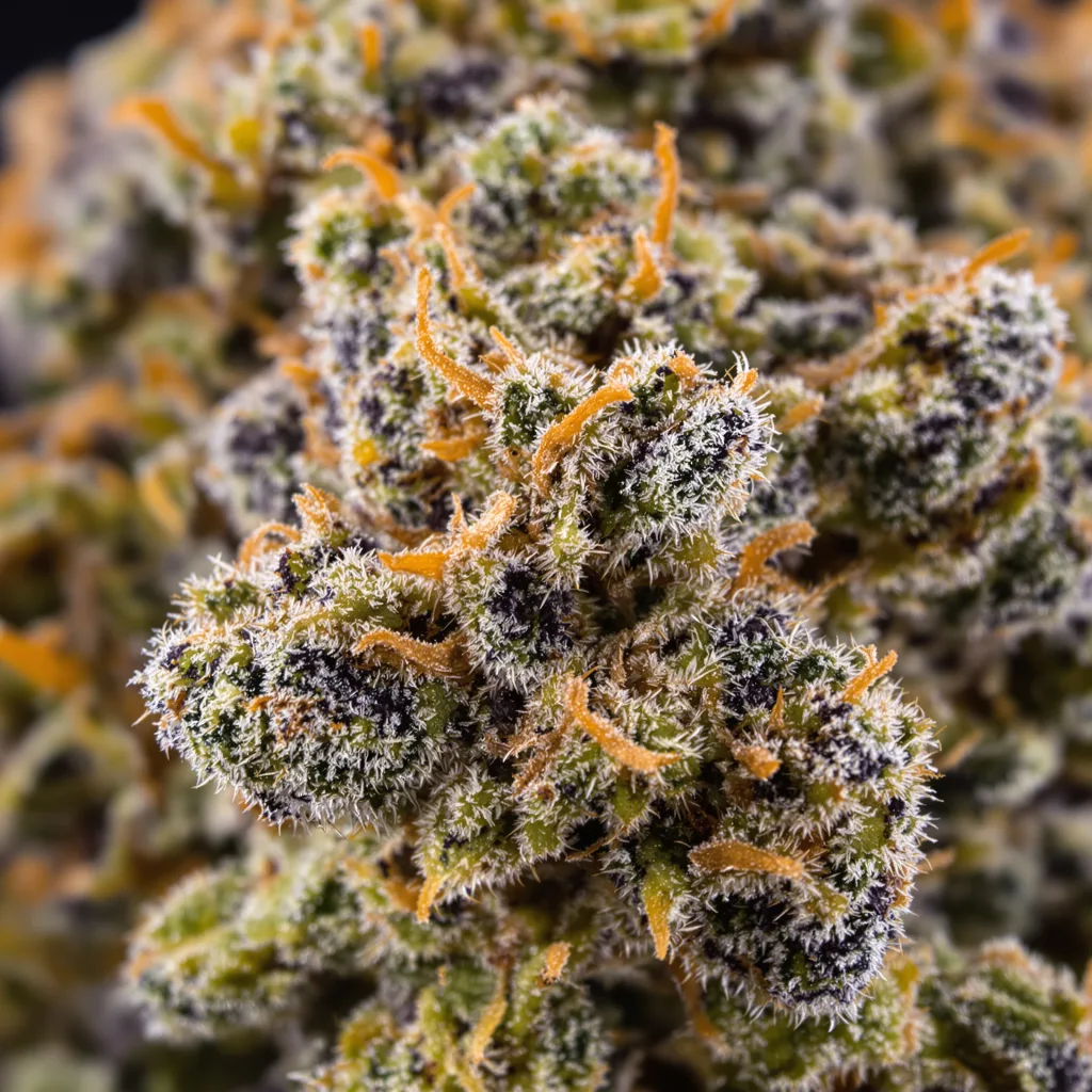 Gros plan de fleur de cannabis Pure OG montrant calices denses aux reflets violets