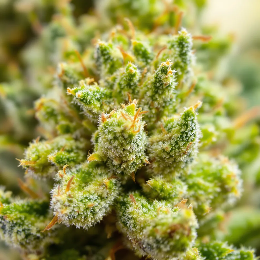 Gros plan de fleur de cannabis Pure Power Plant montrant structure aérée vert lime