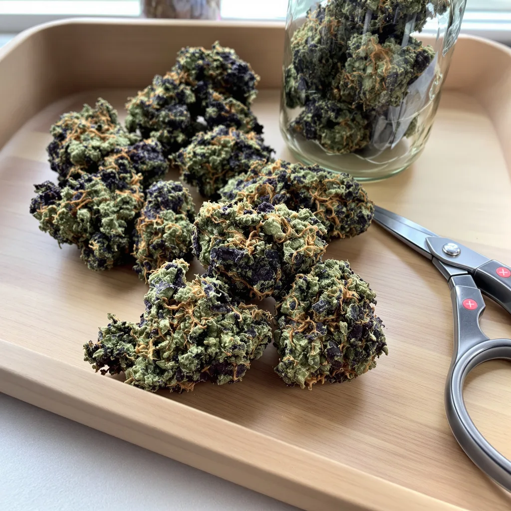 Purple 43 68% indica / 32% sativa — fleur avec trichomes visibles