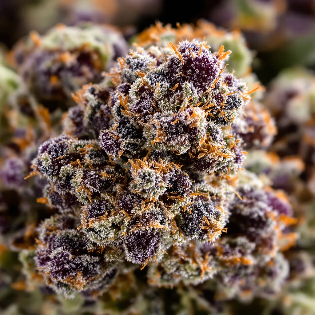 Gros plan de fleur de cannabis Purple 43 montrant calices denses aux reflets violets