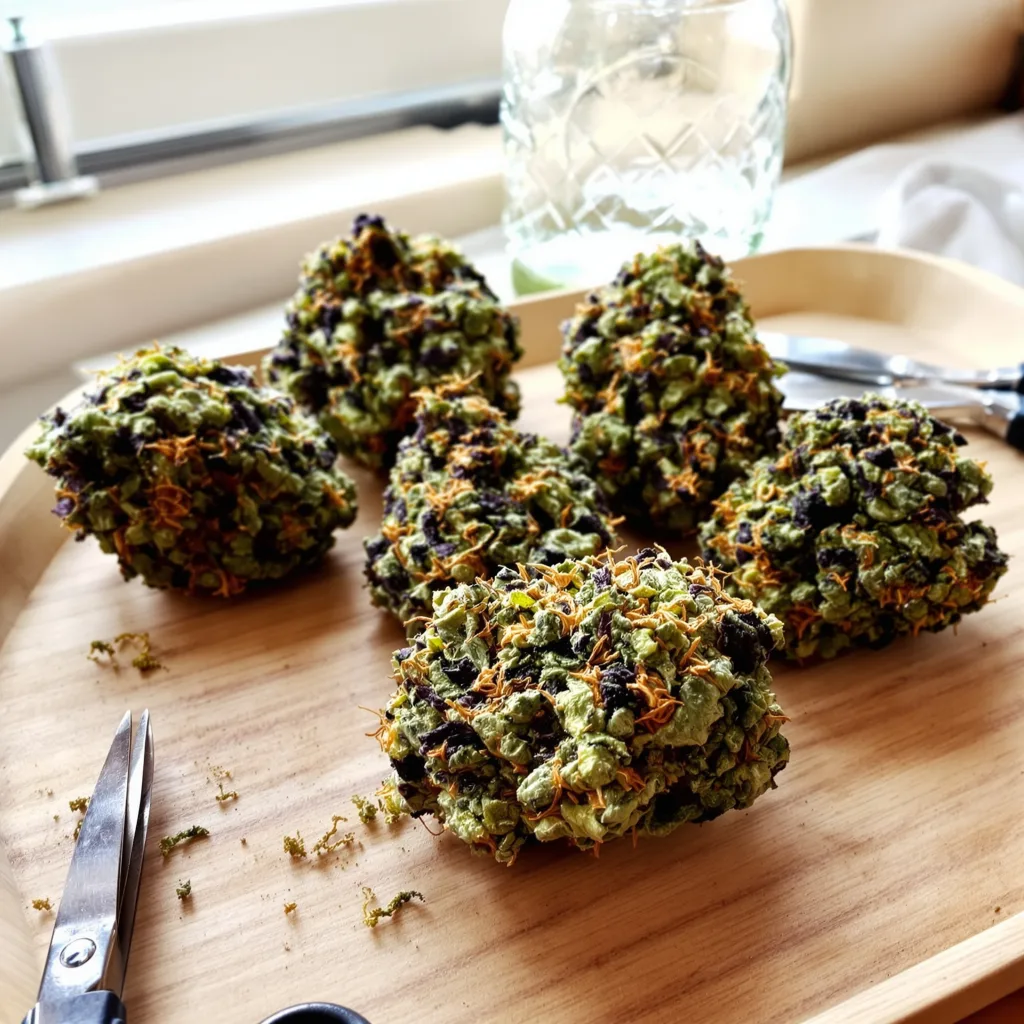 Purple Afghani 84% indica / 16% sativa — fleur avec trichomes visibles