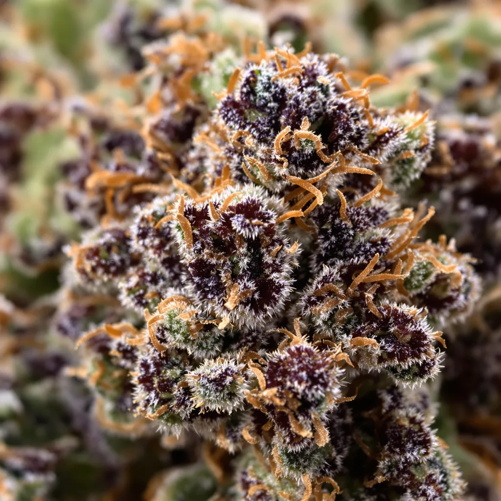 Gros plan de fleur de cannabis Purple Afghani montrant calices denses aux reflets violets