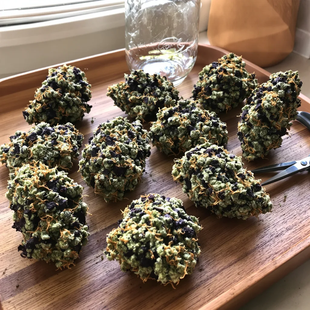 Purple Afghani 84% indica / 16% sativa — fleur avec trichomes visibles