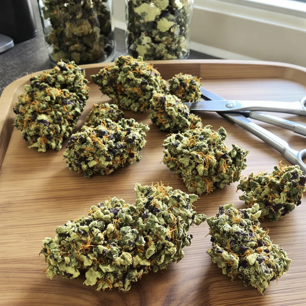 Purple Alien OG 86% indica / 14% sativa — fleur avec trichomes visibles