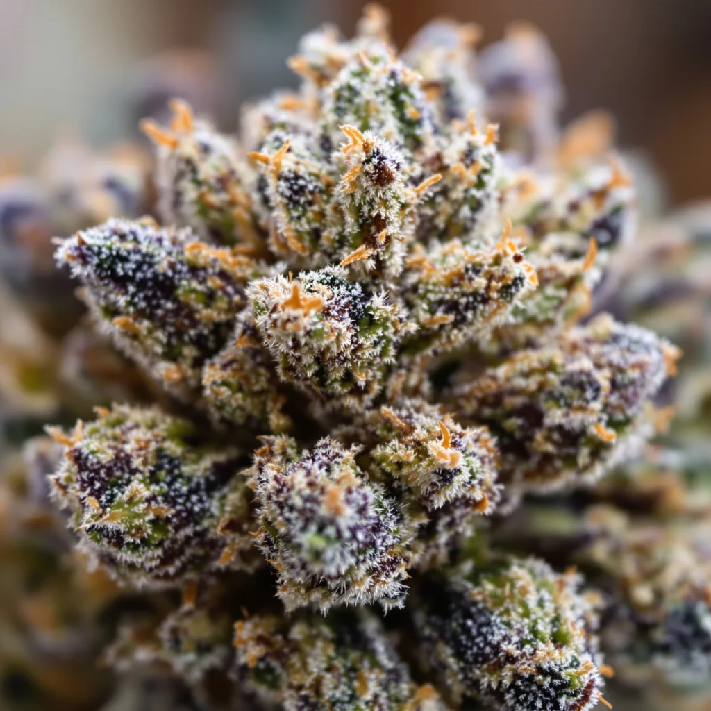 Gros plan de fleur de cannabis Purple Alien OG montrant calices denses aux reflets violets